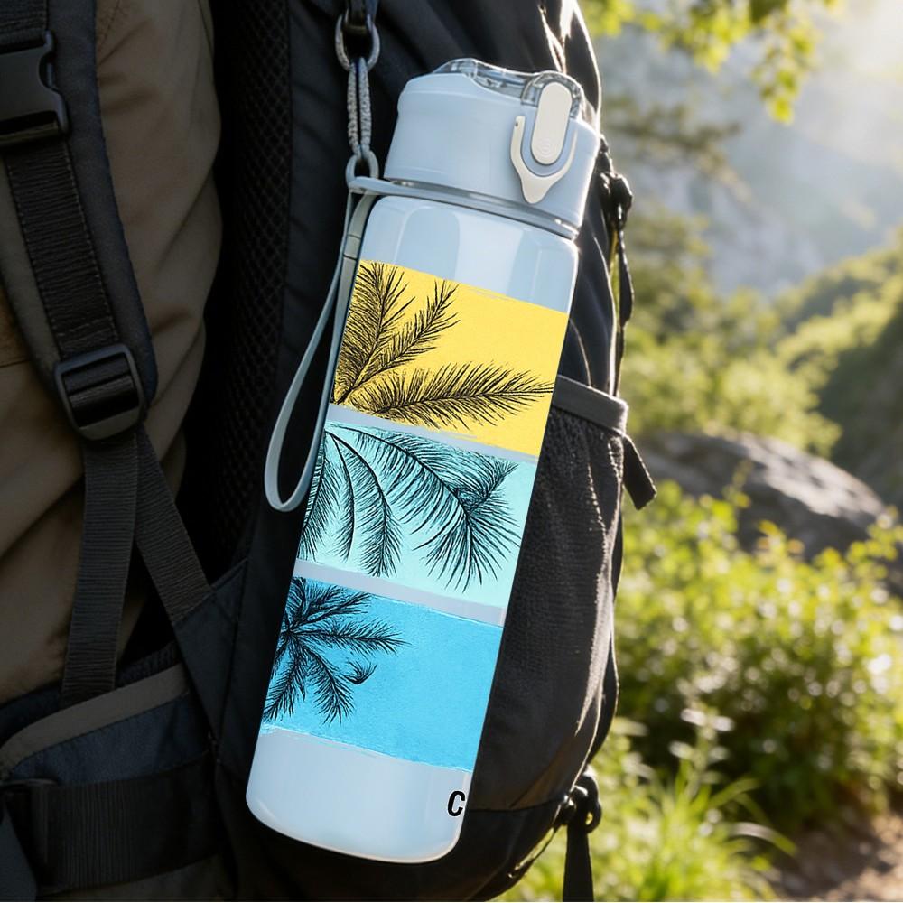 1PC Palm Tree Beach Ocean Scenery Print 750ml Color Plastic Sports Water Bottle Leakproof Flip Straw Lid Suitable for Sports Office Home Use