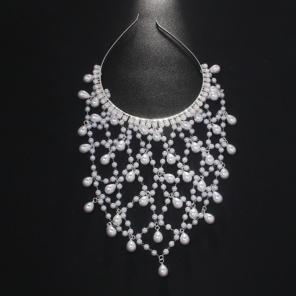 Bar Mitzvah Crown Grid  Hair Band Rhinestone Bride Tiaras Pearl Princess Hair Band  Wedding