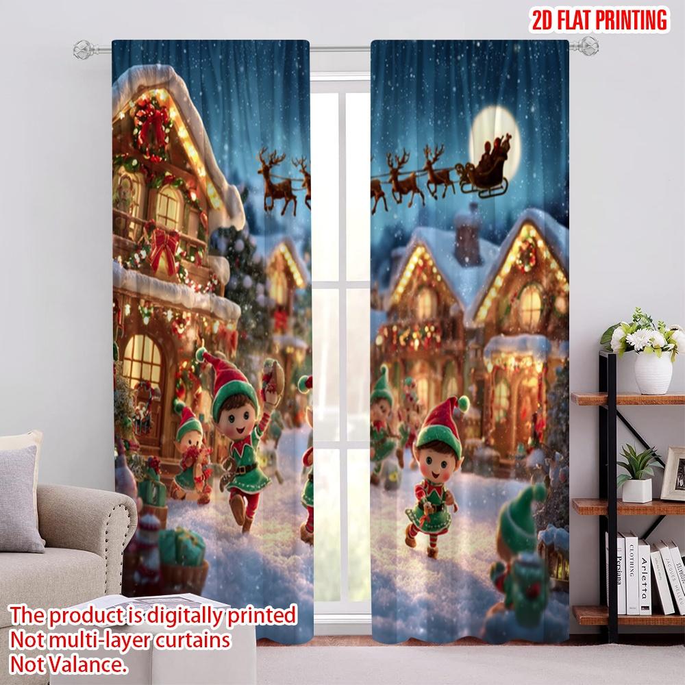 

2pcs,2D plane printing Curtains Digital Printed Joyful Elves Playing in a Festive Light Versatile 100% Polyester (without rod) 52.50 × 116.00 cm 2 pcs