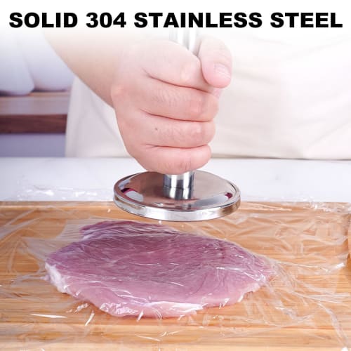 Dishwasher-safe meat tenderizer for tenderizing garlic, walnuts, and other meats. Flat, smooth, and lightweight, with a compact, ergonomic handle.