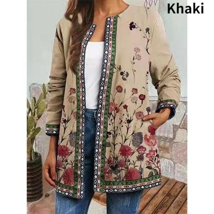 Vintage Floral Print Ethnic Style Jacket Plus Size Tribal Pattern Cardigan Ribbon Webbing Outwear Women Fashion