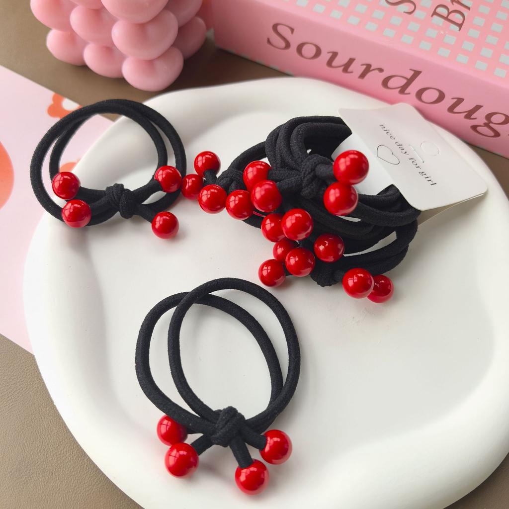 5pcs Hair Band Festive Big Red Four Beads Head Rope Knot Elastic Band Thick Hair Ring Student Simple Elastic Band Head Rope
