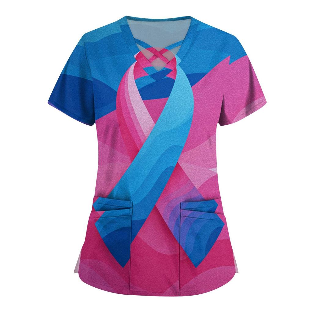 Women's Fashion  V-Neck Short Sleeve Overalls Double Layer Pocket Printed Tops  Apparel