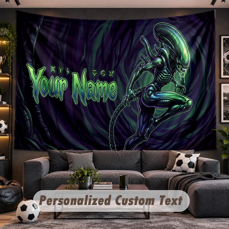 Alien Xenomorph Personalized Tapestry Support Custom Name, Wall Art Home Decoration