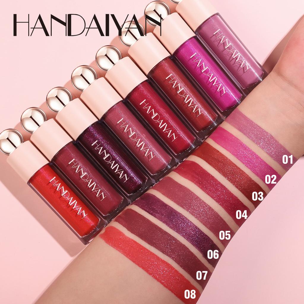 Handaiyan 8-Farben Perlmutt Lipgloss Wasserdichter Flüssiglippenstift mit Transferfester Glitzer