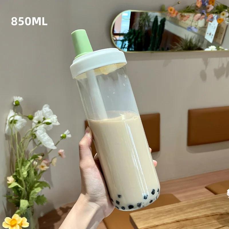 500/850ml Large Capacity Water Bottles Milk Juice Glass Cup with Lid Straw Bubble Tea Coffee Cups Drinkware Transparent