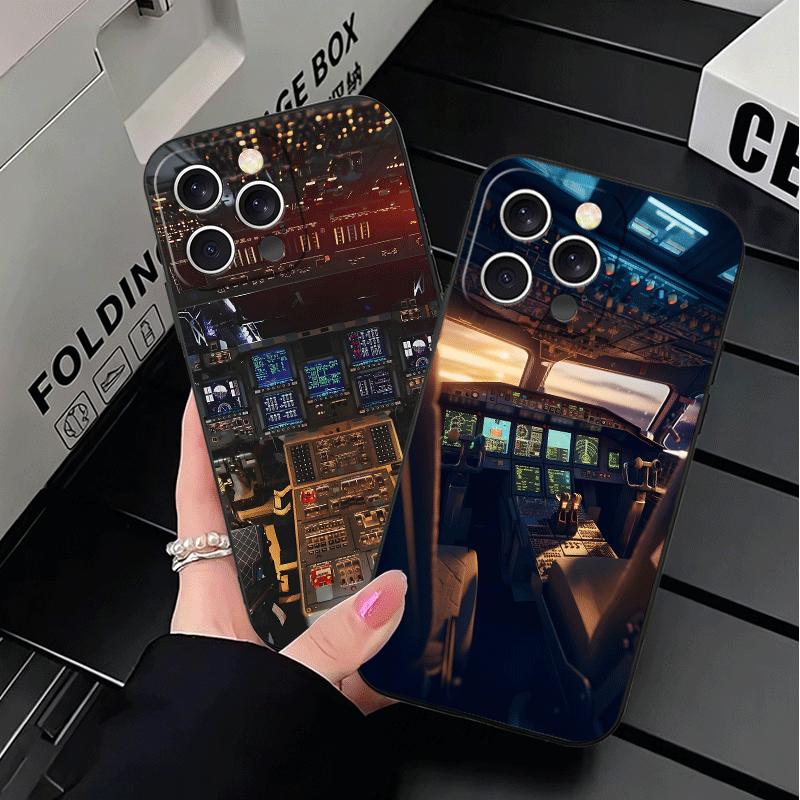 Aviation Aeroplane Pilot Cockpit Soft Phone Case for iPhone 16 16E 17 Air 15 Pro Max 14 Plus 13 Mini 11 12 7 Black Cover Back Sh