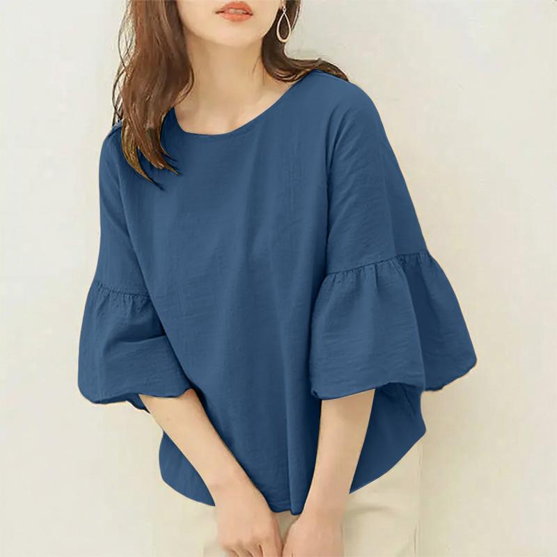 

ZANZEA Женская повседневная однотонная свободная блузка с круглым вырезом и рукавом 3/4 5XL темно-синий