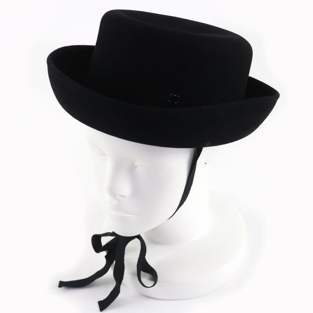Excellent CHANEL Hat Black Rabbit Hair Women M 20S Used