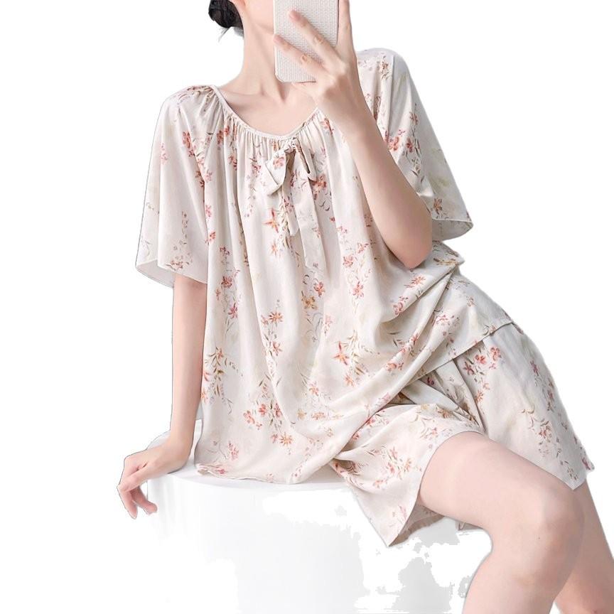 1011 New cotton and silk pajamas women's spring summer short-sleeved shorts printed suit cute fashion loungewear