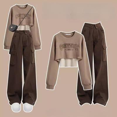 Autumn Sweet Cool Suit Female Students Korean Version of Loose Short Sweater + Vest + Overalls Three-piece Trend