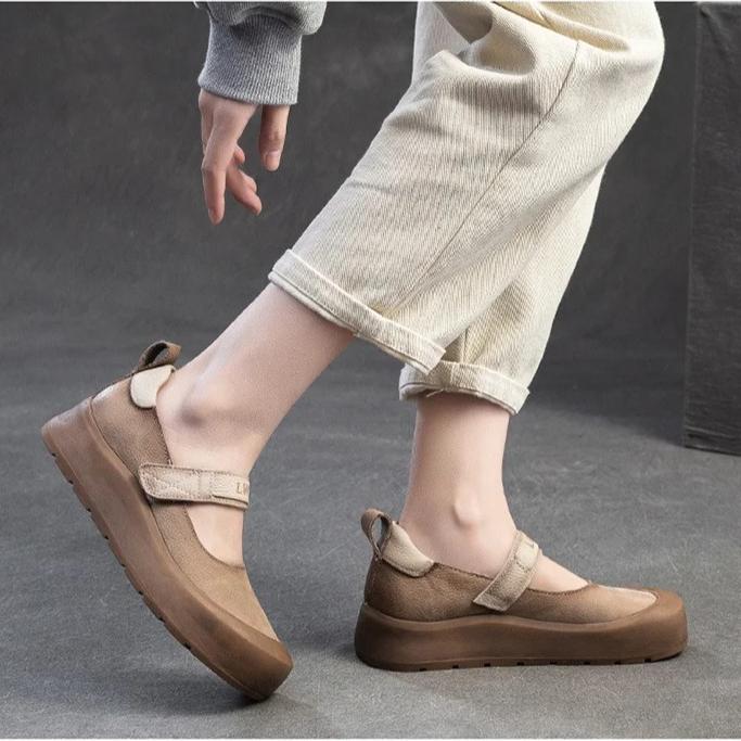 Johnature Casual Thick Soled Shoes Round Toe Genuine Leather Comfortable Women's Flat Platform Shoes