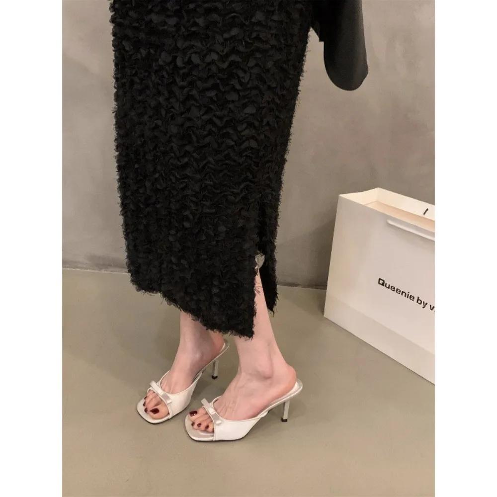 Slipper Mules High Heels Shoes Summer zapatillas mujer Best Street Look Females Square Head Open Toe bow Strappy Sandals Women