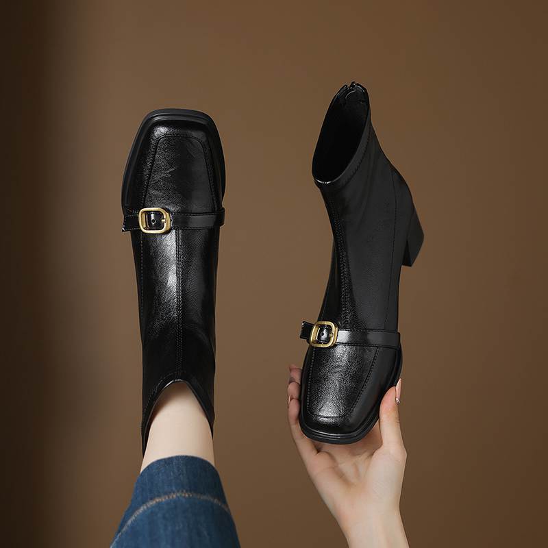 Krazing Pot Microfiber Square Toe Thick Heels Chelsea Boots Size 42 Zip Women Metal Buckle Elastic Ankle Boots