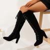 Autumn Winter Vintage Cross Strap Women Knee High Boots Fashion High Heel Pointed Toe Stripper Party Shoes Zapatos De Mujes