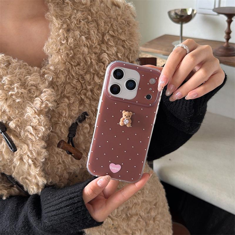 3D Flocking Polka Dot Bear Case for iPhone 17/16 Pro Max/15/14