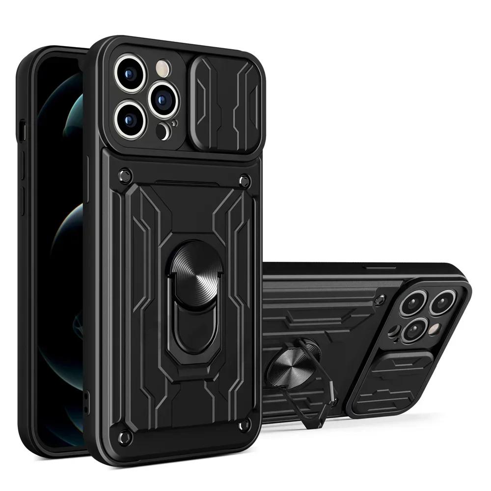 

Military Grade 360 Magnetic Ring Phone Case For IPhone 17 Air 16E 15 14 Plus 13 12 11 Pro Max Card Slot Armor Slide Camera Cover iPhone 14 чорний