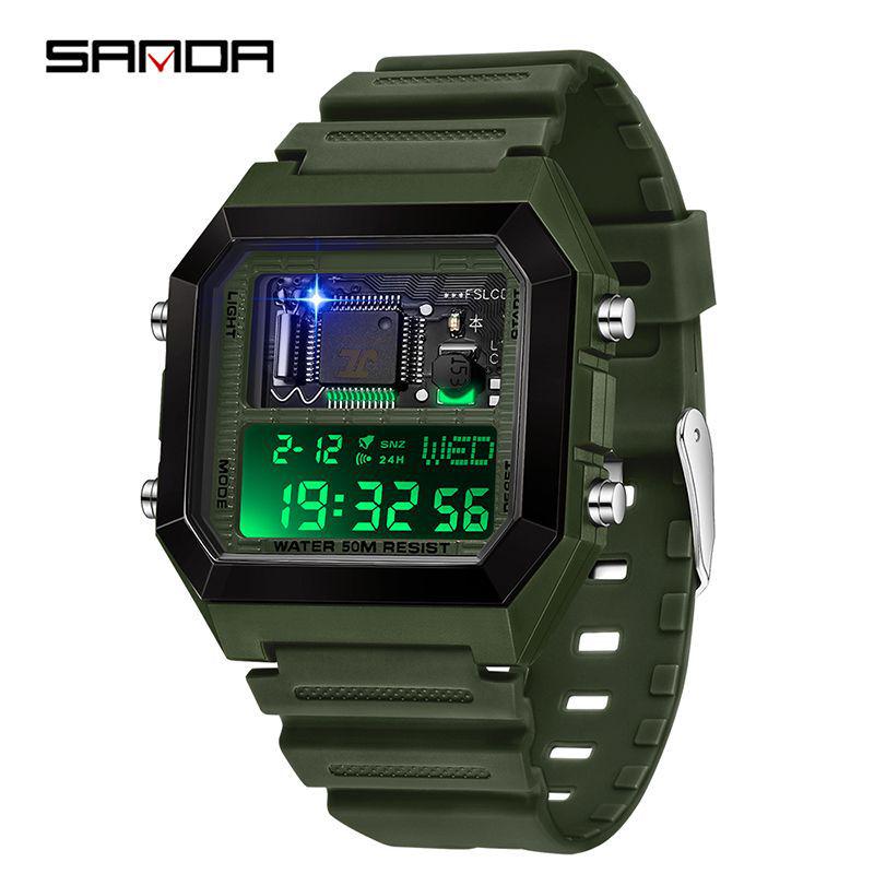 Sanda Luminous Waterproof Teen Alarm Watch - Square Electronic Sports Countdown Timer