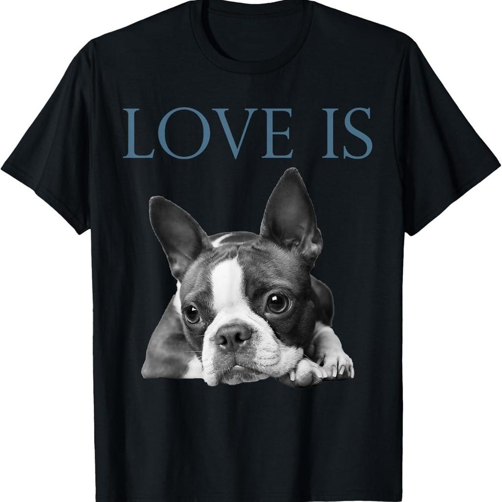 Liebe ist Boston Terrier Grafik T-Shirt für Herren Lässiges Baumwoll-T-Shirt mit kurzen Ärmeln