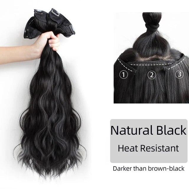 Extensii de păr sintetic, lung, drept, ondulat, ondulat, perucă falsă naturală, cu clipă pentru femeie, o singură bucată pentru femei