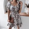 Summer Floral Chic Square Neck Waist Ruffle Balloon Sleeves Dress