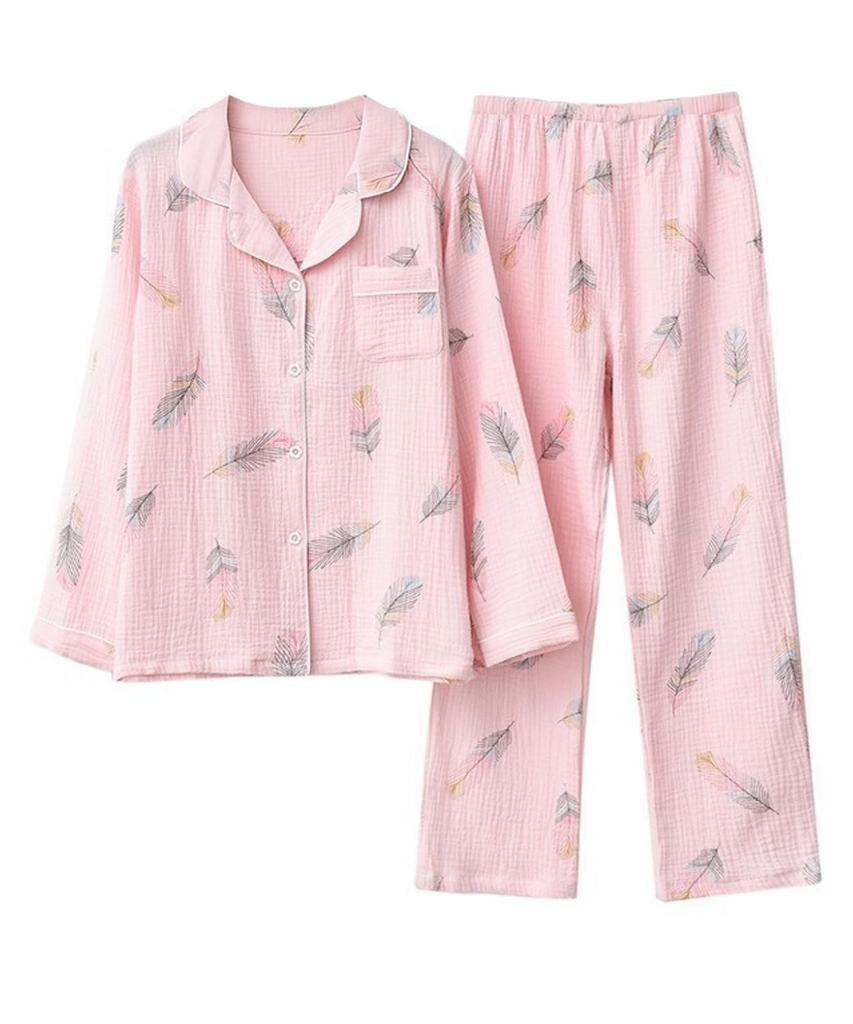 MowaLef Cotton Double Gauze Pajamas for Long Sleeve Top and Bottom Open and Comfortable Cute 100% Women, Set, Front, Collared, Spring, Summer, Fall,