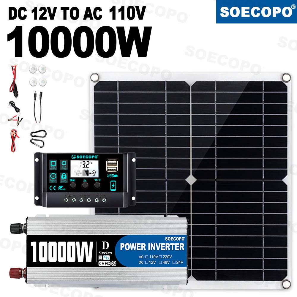 

SOECOPO 10000 Вт Комплект солнечной системы резервного питания для дома, автодома, кемпинга, инвертор с двойным USB 220 В, солнечная панель 300 Вт, контроллер 100 А, CE FCC