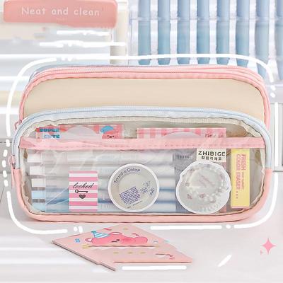 4 Layers Pencil Case Transparent Window Color Stitching DIY Badge Pen Bag Multi-functional Large Capacity