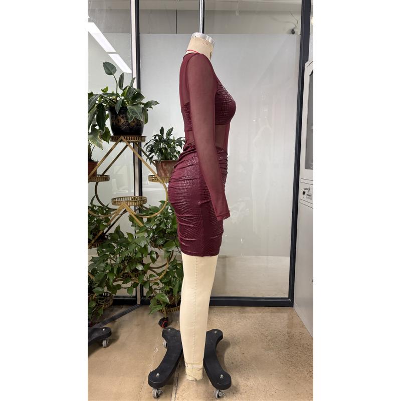 Burgundy Mesh Sheer Panel Mini Dress Long Sleeve Shiny Glitter Ruched Bodycon Sexy Transparent Tulle Patchwork Nightclub Evening Party Short Gown