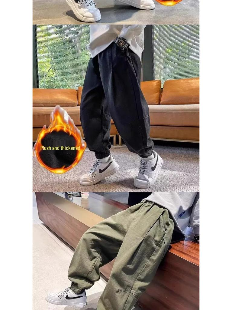 2025 New Boys' Fleece-Lined Sweatpants: Thickened Casual Sports Pants for Spring, Autumn, and Winter