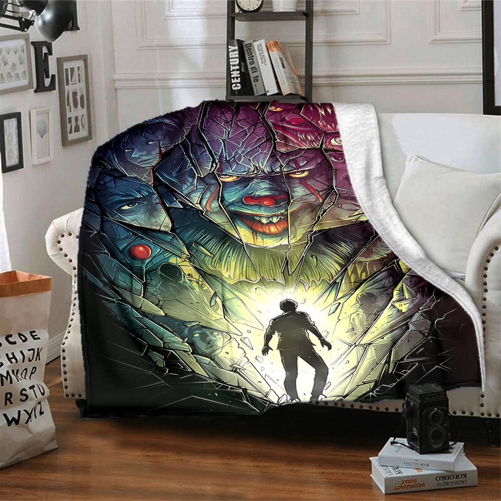 1pc It "Clown" Flannel Throw Blanket - HD Printed Lightweight Soft Warm All-Season Blanket for Sofa, Bed, Travel, Camping001