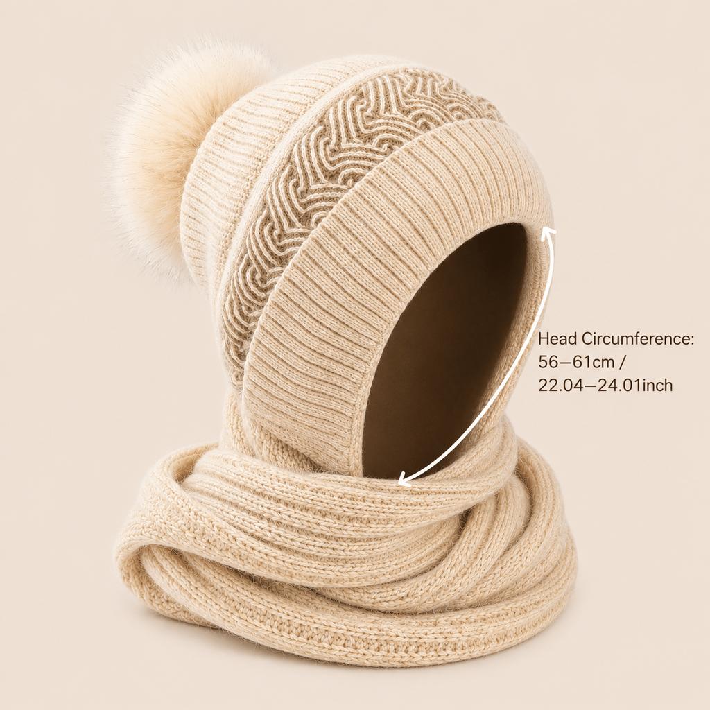Women' Winter Hooded Hat with Scarf & Pom Pom - Ear-Covering Snood, Geometric Pattern Warm Hat Suitable for Skiing
