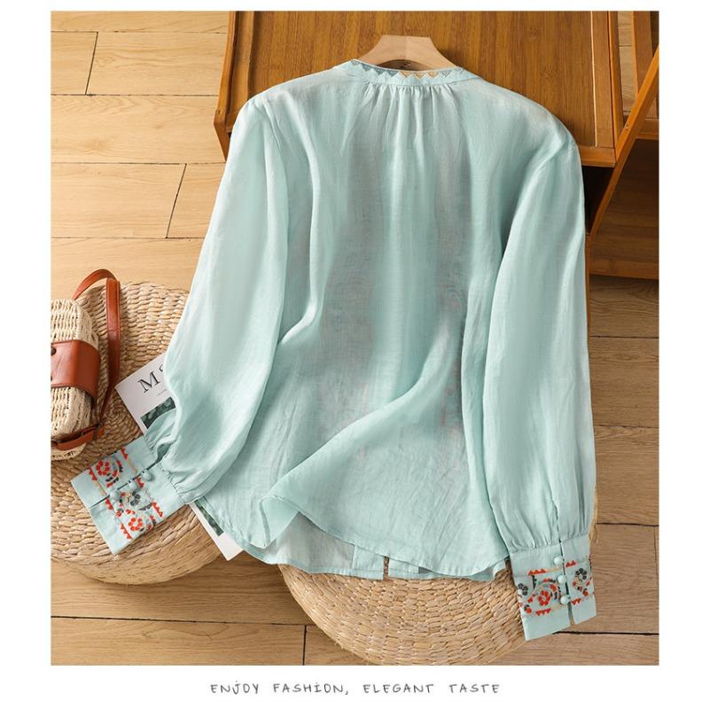 Vintage Ethnic Embroidered Long Lantern Sleeve Loose Thin Shirt For Women