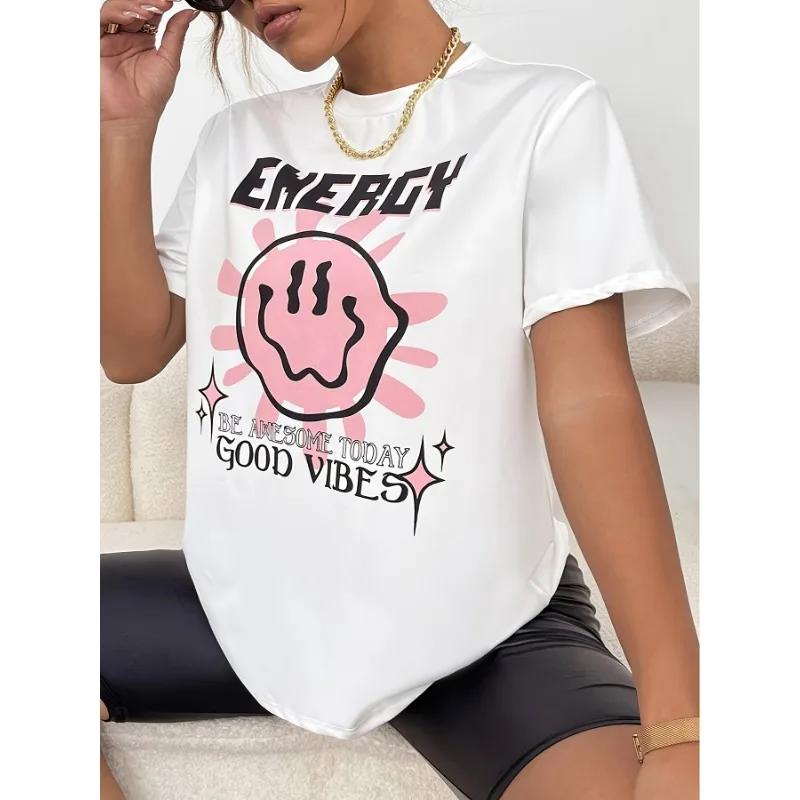 White Cat Letter Print Tees Women Summer Round Neck Short Sleeve Cotton T Shirt Casual Hipster Clothes Creativity Chic Tops 2024