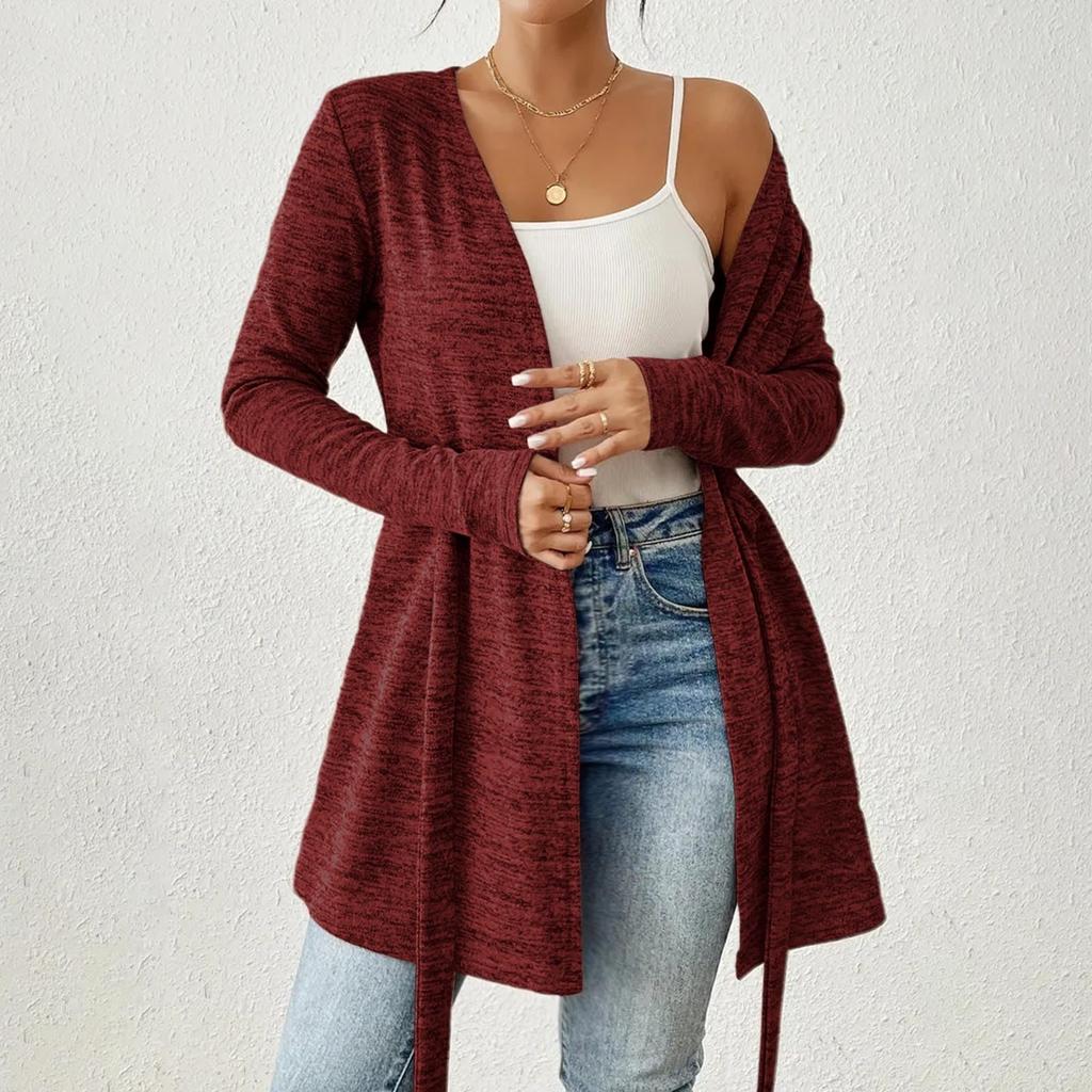 Women's Fashion Solid Color Long Sleeve Tie Casual Loose Cardigan Tops Jacket