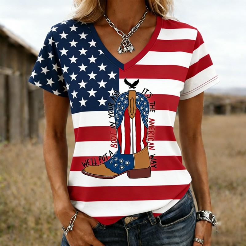 European and American Style Women's Clothing Casual V-neck Short-sleeved T-shirt D Digital Printing Source Wholesale