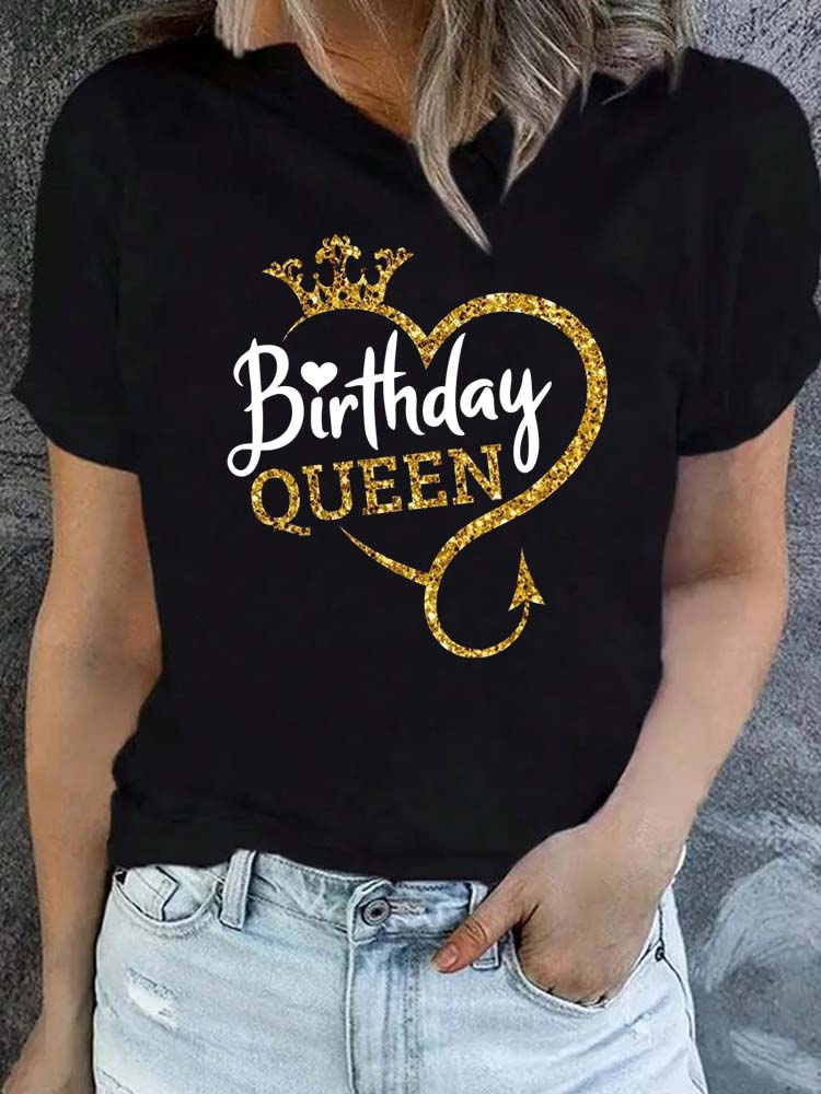 Summer Sleeves Crew Birthday for Girls Birthday Queen Graphic Print Summer Short Sleeved Harajuku Streetwear Tops Tees