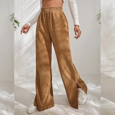 Spring and Autumn Women's Pants High Waist Casual Pants Solid Colour Corduroy Splicing Slit Hem Long Pants