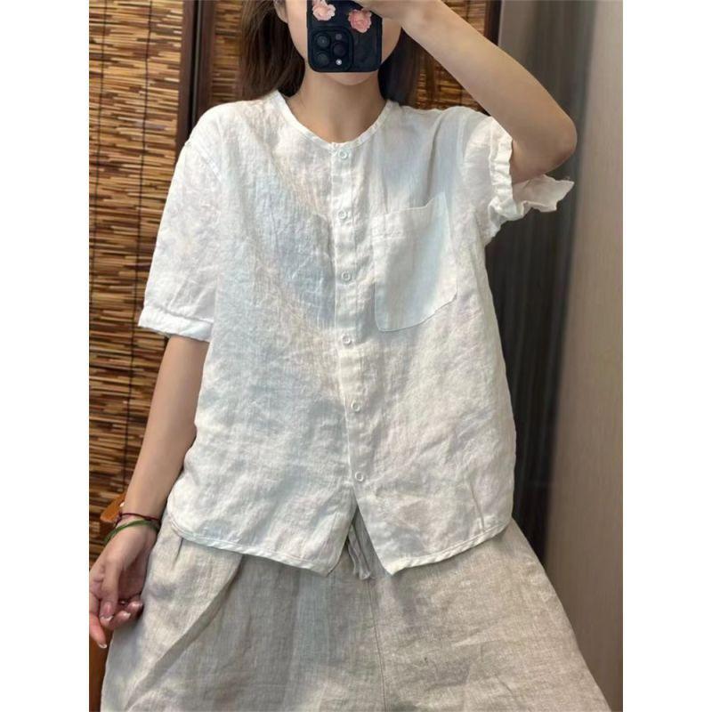 Cotton and linen short-sleeved crew neck shirt women's summer new retro literary loose versatile cardigan top