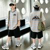 Boys' Korean Style Color Block Striped T-shirt & Casual Shorts Set - Summer New Arrivals for Medium & Large Kids