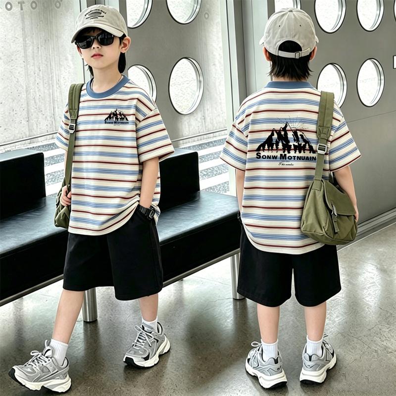 Boys' Korean Style Color Block Striped T-shirt & Casual Shorts Set - Summer New Arrivals for Medium & Large Kids