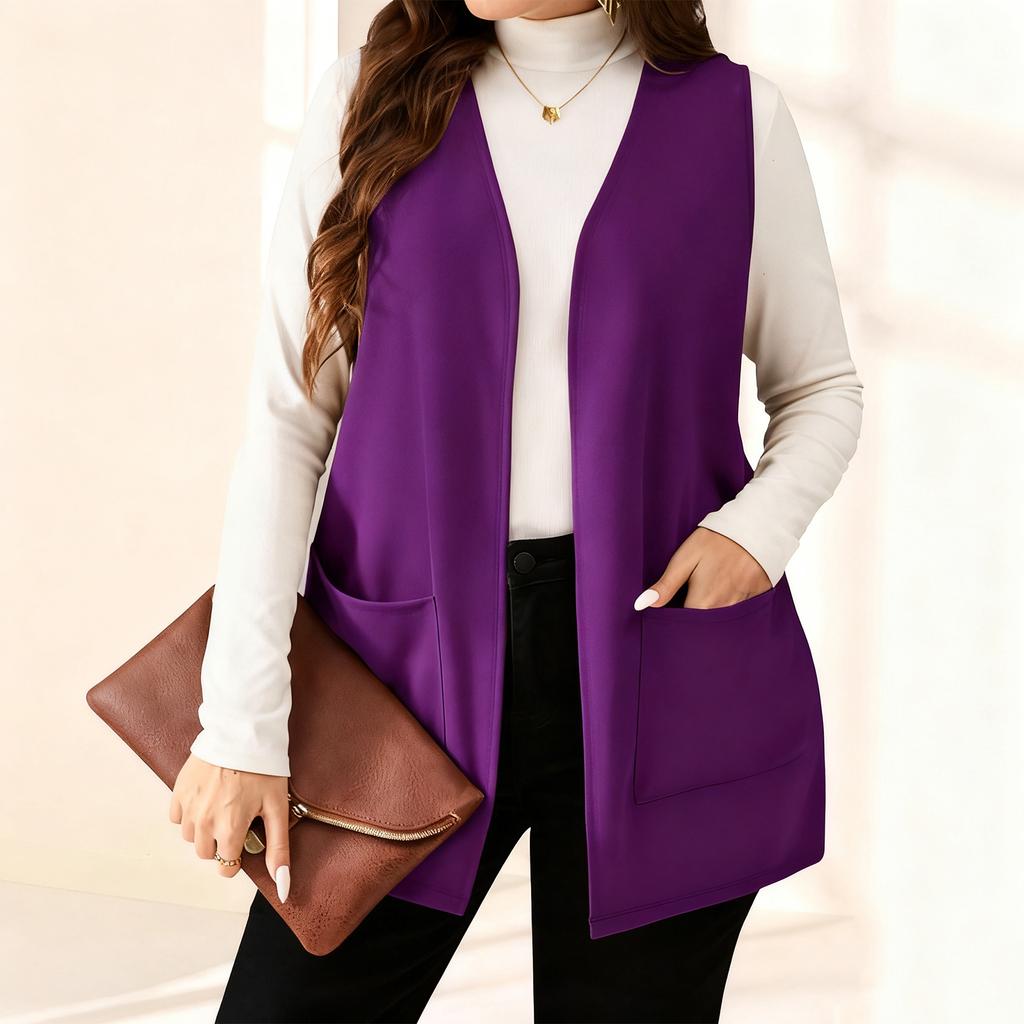 Ladies' Casual And Fashion V-neck Solid Color And Sleeveless Vest Jacket