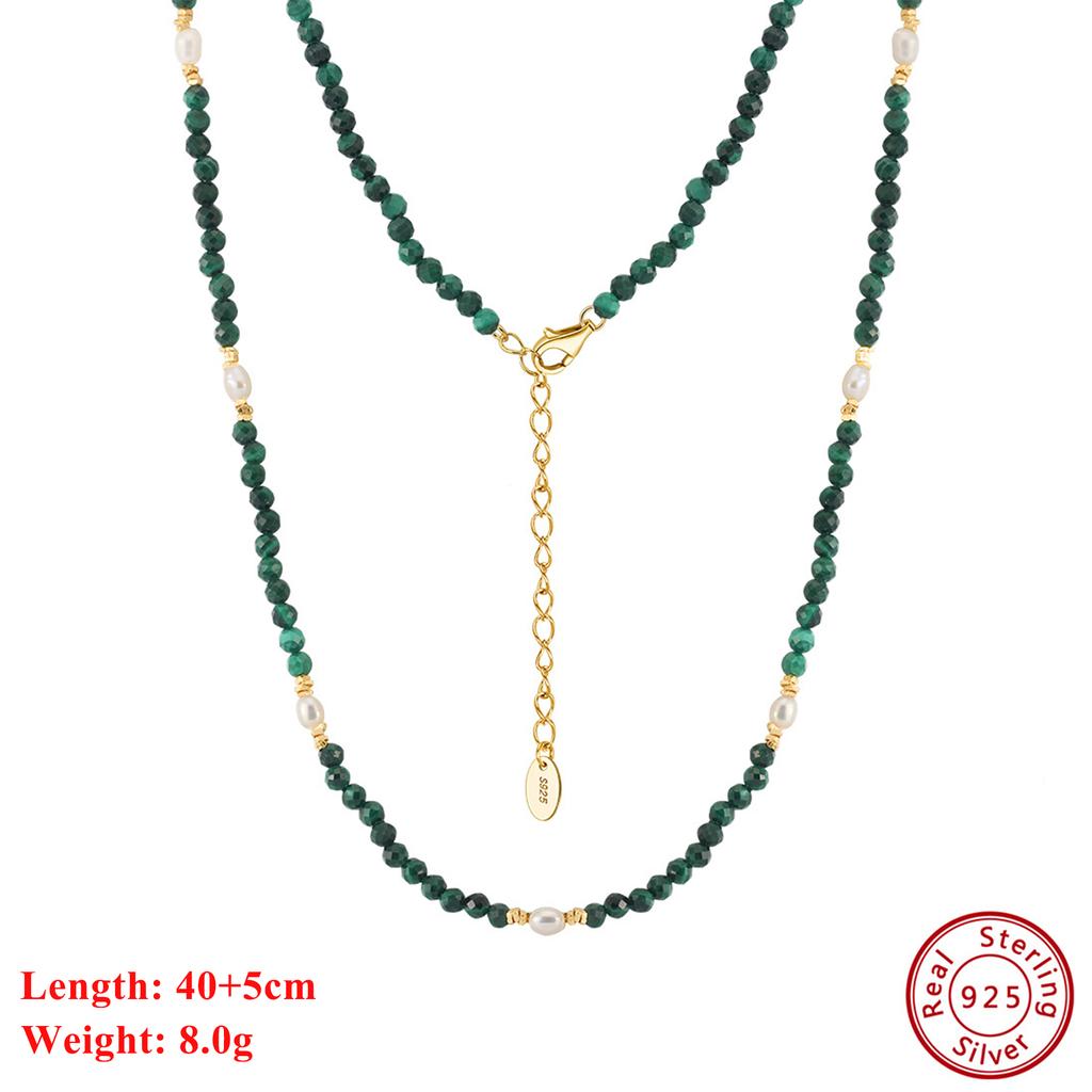 EFFIE QUEEN 925 Sterling Silver 14K Gold Choker Necklace Natural Freshwater Pearl With Malachite Natural Stone Series Gift MPN07