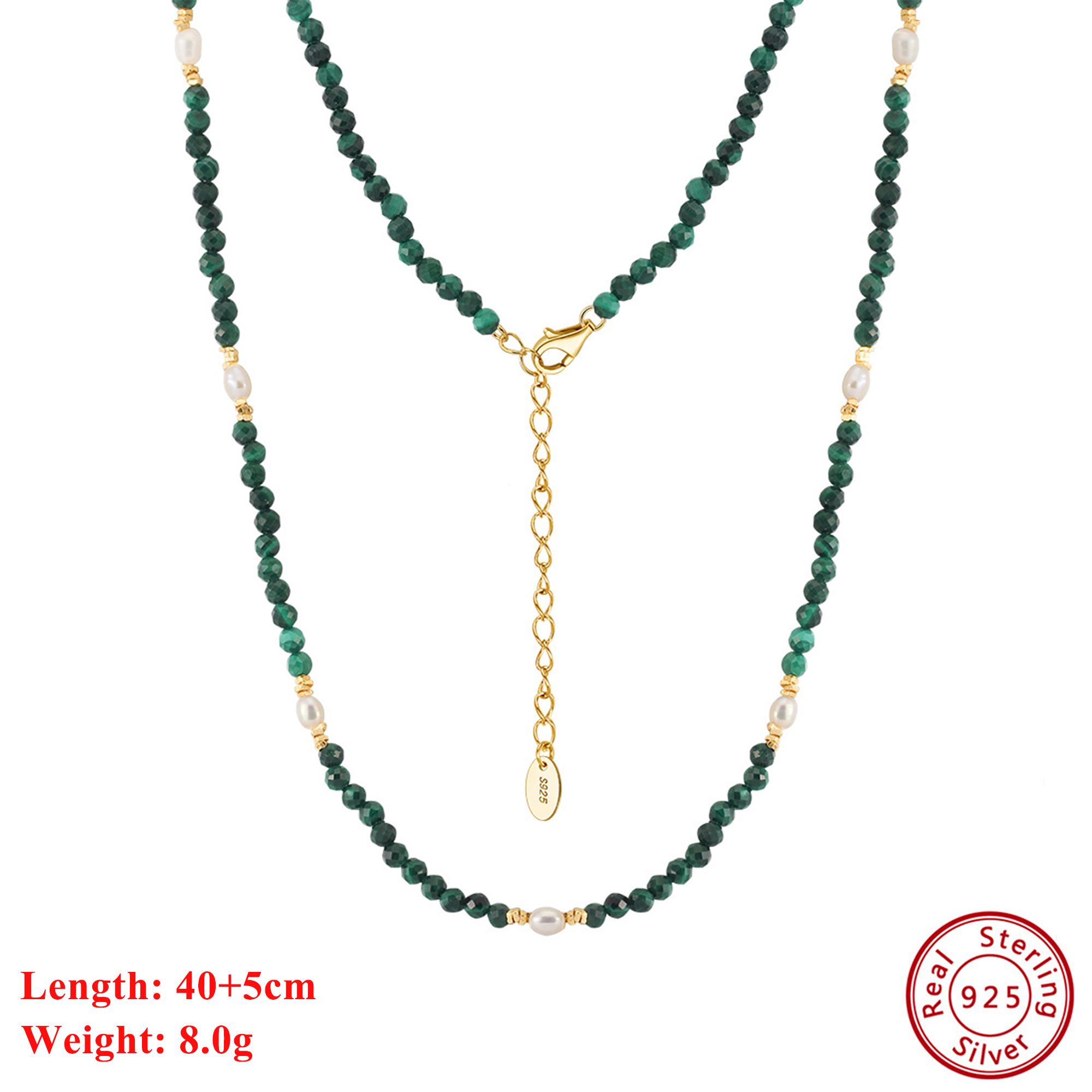 

EFFIE QUEEN 925 Sterling Silver 14K Gold Choker Necklace Natural Freshwater Pearl With Malachite Natural Stone Series Gift MPN07