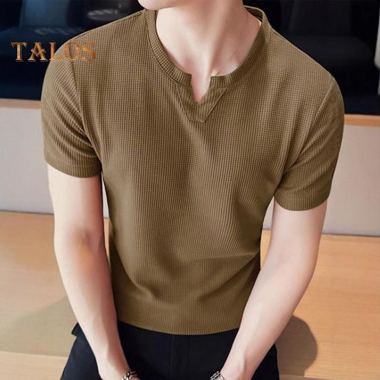Men's Waffle V-Neck T-Shirt Solid Color Casual Tee Shirt Summer Short-Sleeved Pullover Top for Daily Outings Home Gym Street Wear