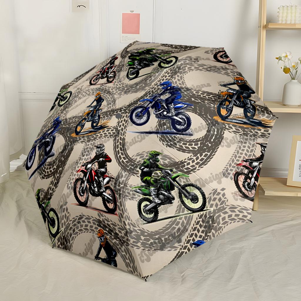 Buntglas Motorrad Kunst Automatischer Regenschirm Kompakt 8 Speichen Leichte Stabile Konstruktion Ganzjahres-Regenschirm für Reisen Modisches Accessoire