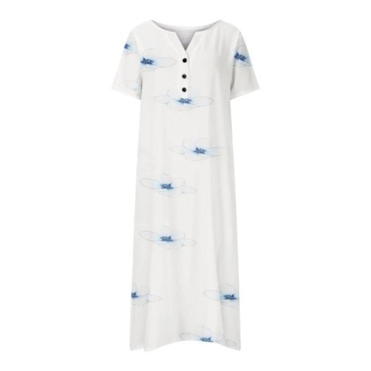 Long T Shirt Dress for Women Summer Casual Button Up V Neck Short Sleeve Printed Maxi Swing Beach Sundress
