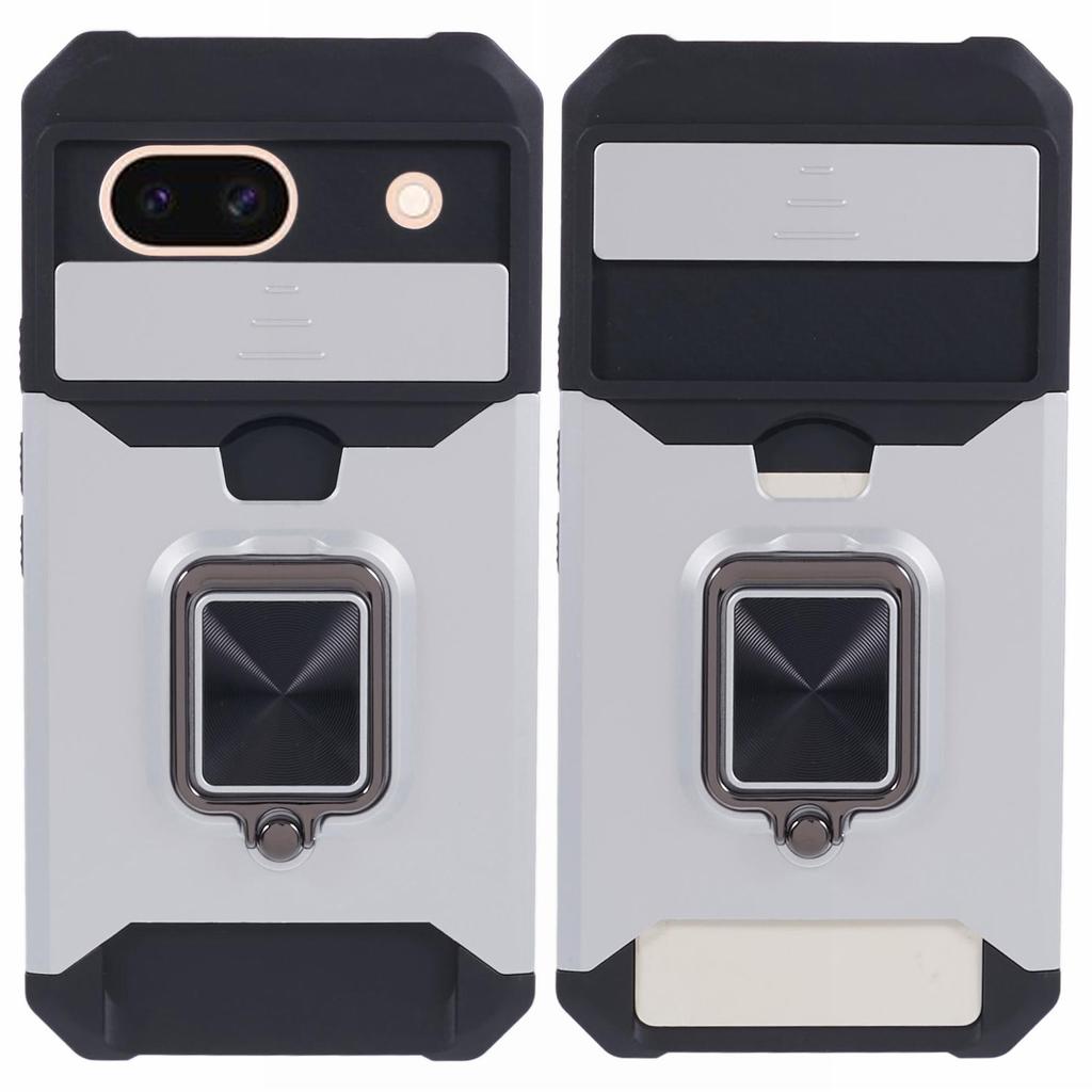 For Google Pixel 8a Cover Camera Slide Lid Card Holder Cell Phone Case with Ring Kickstand