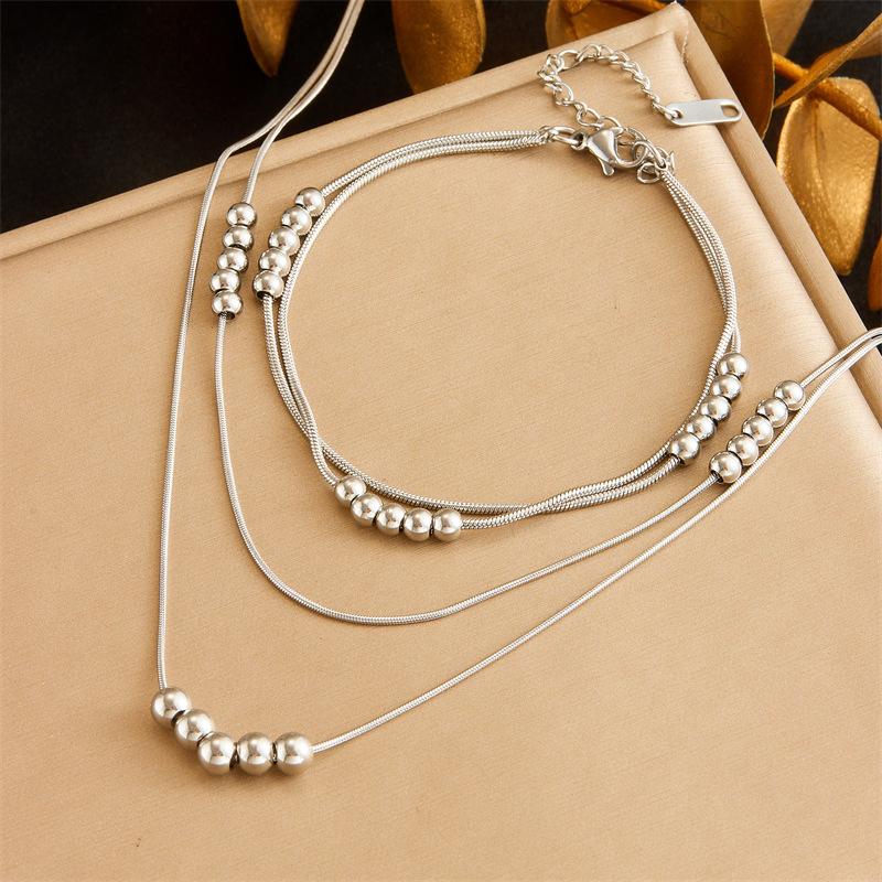 

18K Gold Plated Layered Bead Necklace Bracelet Set, Dainty Snake Chain Beaded Station Choker & Bangle for Women, Trendy Jewelry Set серебряный