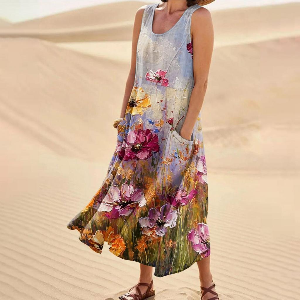 Women's Casual Fashion Flower Printed Sleeveless Pocket Dress